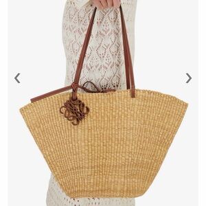 Loewe Natural Straw Fan Tote with Brown Leather Handles